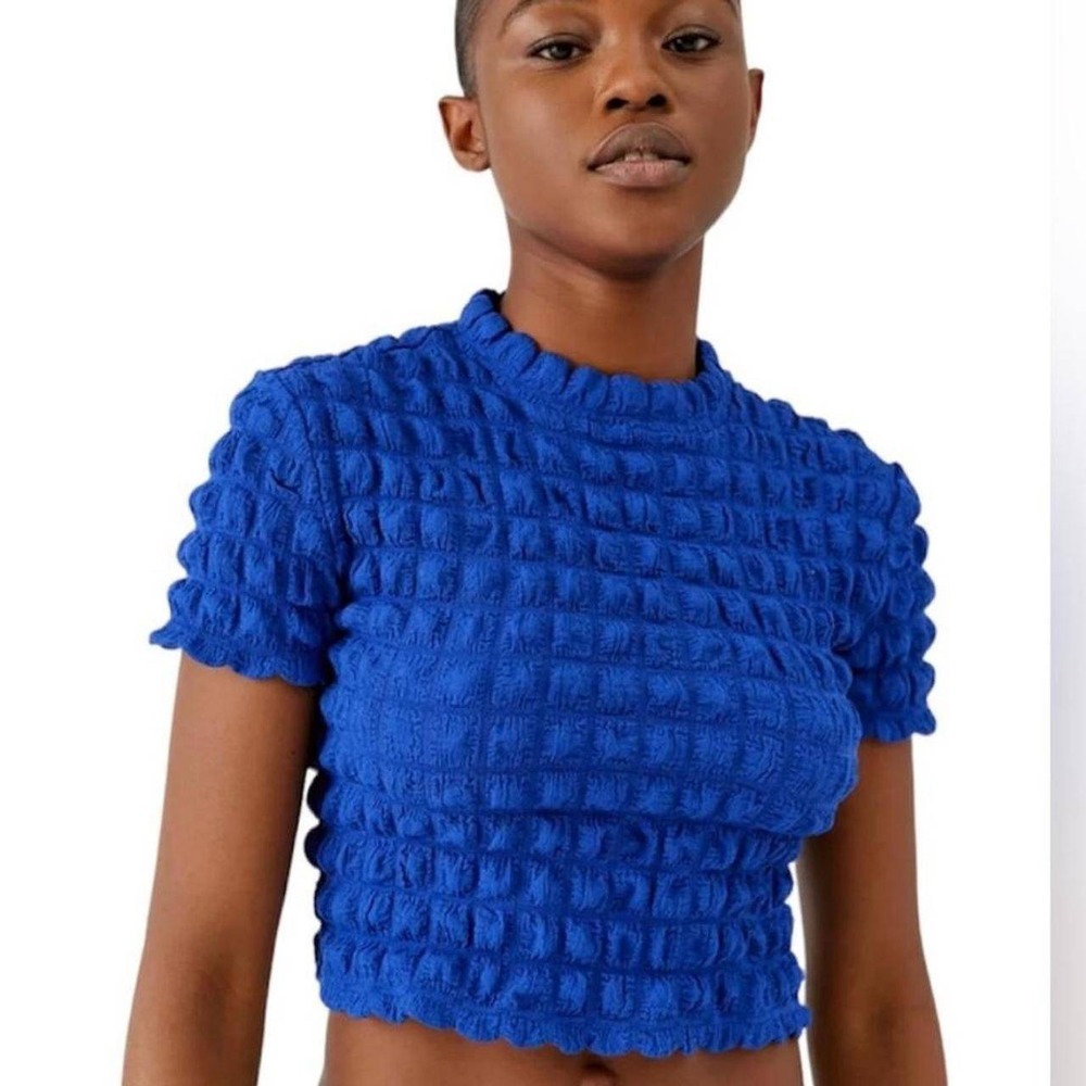 Urban Outfitters Royal Blue Popcorn Bubble Mock Neck Short Sleeve Top Small